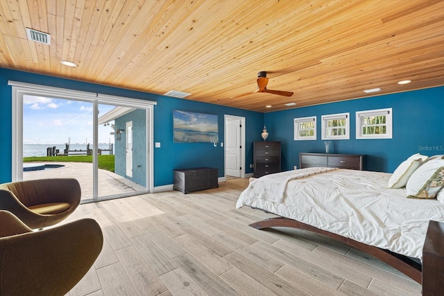 bedroom featuring access to exterior, visible vents, baseboards, wood ceiling, and wood finished floors