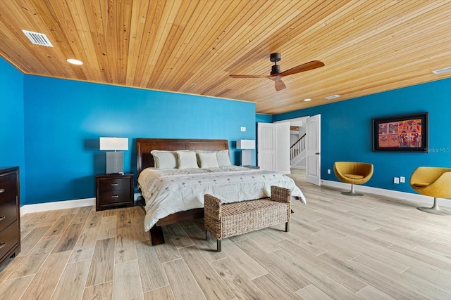 bedroom featuring baseboards, visible vents, light wood finished floors, ceiling fan, and wooden ceiling