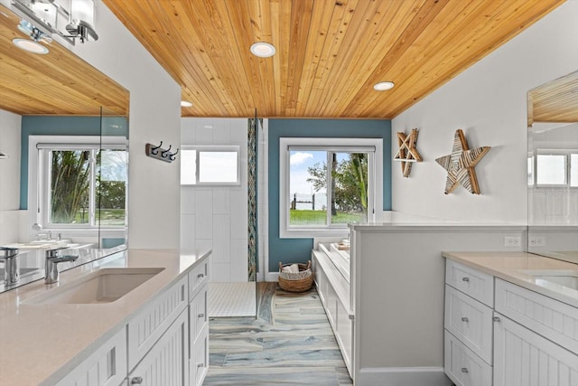 full bathroom with wood finished floors, a garden tub, wood ceiling, and a stall shower