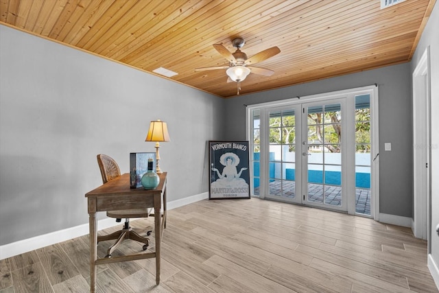 home office featuring wood finished floors, french doors, baseboards, and wooden ceiling