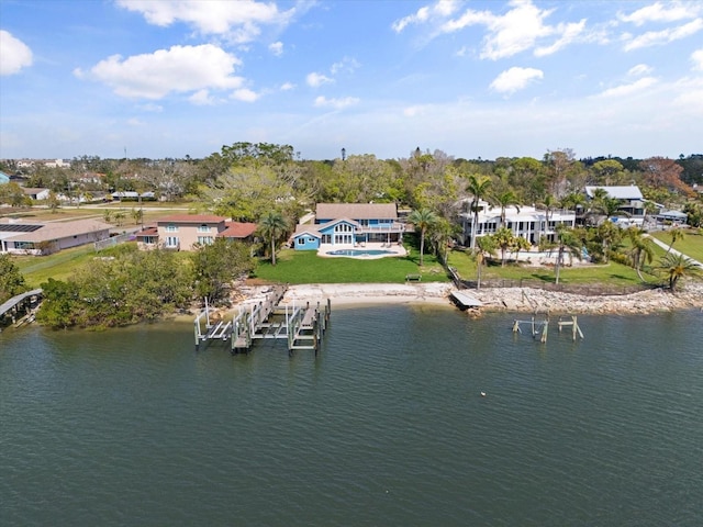 drone / aerial view featuring a water view