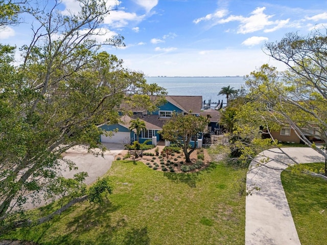 bird's eye view with a water view