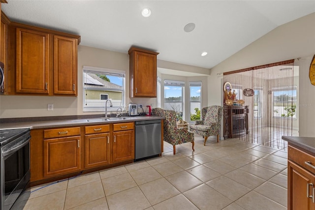 kitchen with brown cabinets, dishwasher, electric stove, and a sink