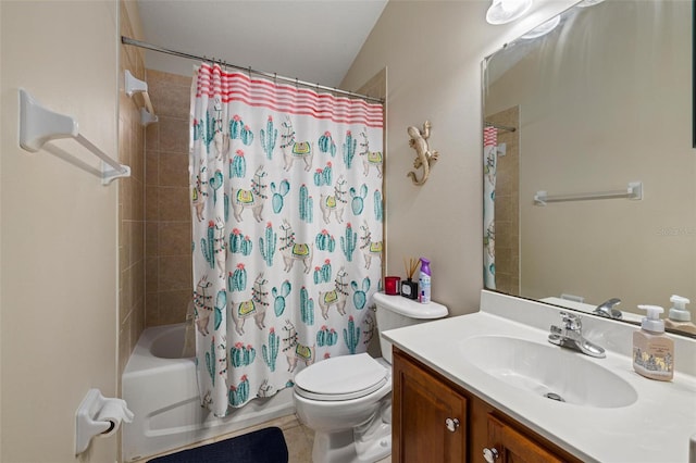 full bath featuring toilet, vanity, and shower / bathtub combination with curtain