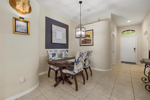 dining area with light tile patterned floors, recessed lighting, and baseboards