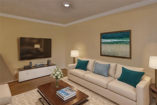 living area featuring wood finished floors and crown molding