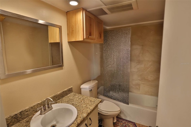 bathroom with vanity, toilet, visible vents, and shower / bathtub combination