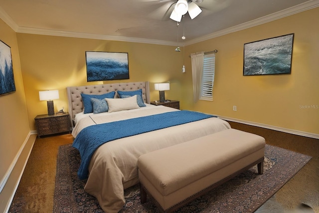 bedroom featuring crown molding, a ceiling fan, baseboards, and carpet floors