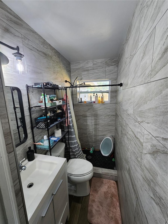 full bathroom with vanity, a shower stall, toilet, and wood finished floors