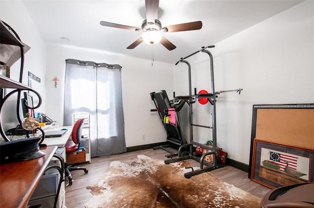 office space featuring baseboards, ceiling fan, and light wood finished floors