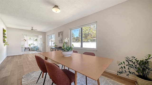 dining area featuring baseboards, light wood-style floors, ceiling fan, and a textured ceiling