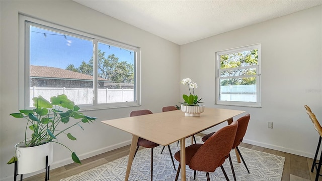 dining area with baseboards, a textured ceiling, and wood finished floors