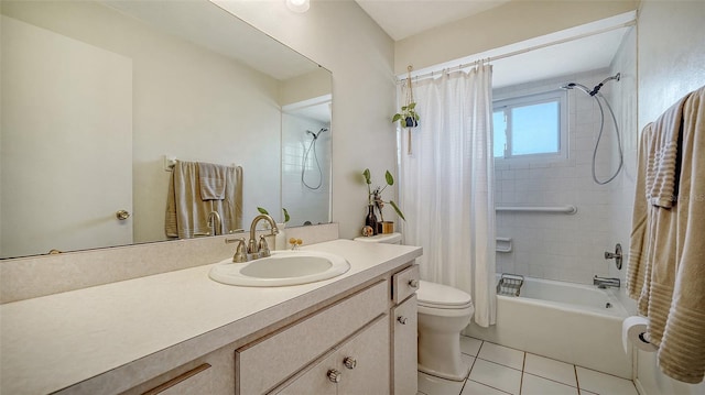 full bathroom featuring tile patterned flooring, toilet, vanity, and shower / tub combo with curtain