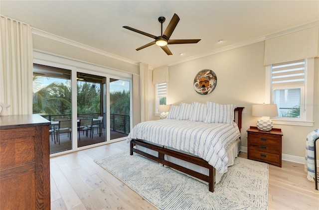 516 Kumquat Dr, Anna Maria, FL 34216 - bedroom with access to exterior, light wood finished floors, ornamental molding, and a ceiling fan