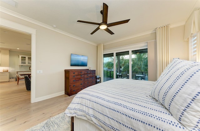 516 Kumquat Dr, Anna Maria, FL 34216 - bedroom featuring light wood finished floors, ornamental molding, access to outside, and a ceiling fan