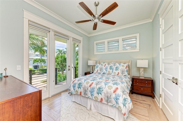 516 Kumquat Dr, Anna Maria, FL 34216 - bedroom featuring ornamental molding, access to outside, light wood-type flooring, and ceiling fan