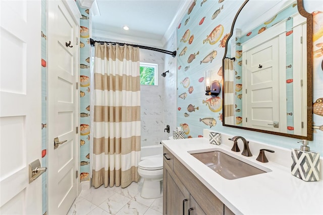 516 Kumquat Dr, Anna Maria, FL 34216 - full bathroom featuring vanity, shower / bath combo with shower curtain, ornamental molding, and marble look tiles