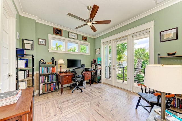 516 Kumquat Dr, Anna Maria, FL 34216 - office area with crown molding and a ceiling fan