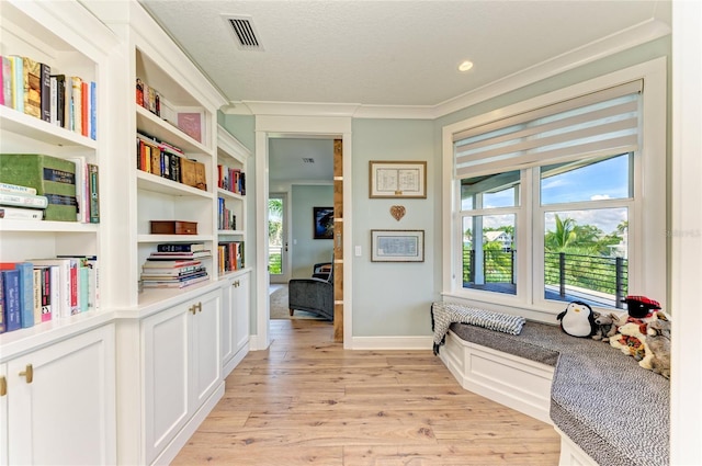 516 Kumquat Dr, Anna Maria, FL 34216 - living area with ornamental molding, light wood finished floors, and built in features