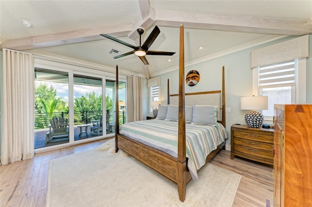 516 Kumquat Dr, Anna Maria, FL 34216 - bedroom featuring beamed ceiling, access to outside, light wood-style floors, crown molding, and ceiling fan