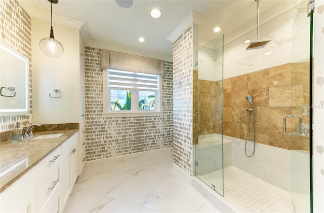 516 Kumquat Dr, Anna Maria, FL 34216 - full bath with a stall shower, vanity, recessed lighting, and marble finish flooring