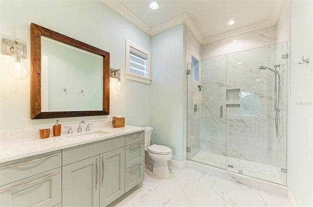 516 Kumquat Dr, Anna Maria, FL 34216 - full bathroom featuring a marble finish shower, vanity, recessed lighting, and marble finish floors