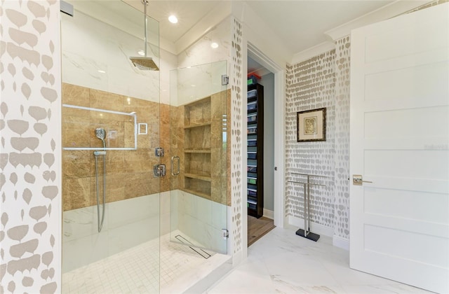 516 Kumquat Dr, Anna Maria, FL 34216 - bathroom with a shower stall and marble finish flooring