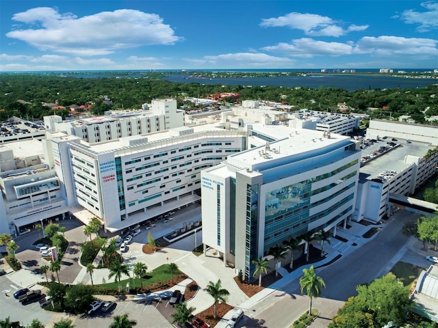 aerial view with a water view and a city view