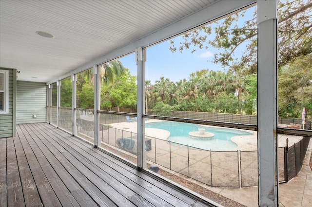 wooden terrace with a fenced in pool and a fenced backyard