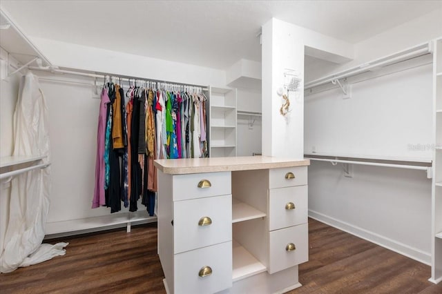 walk in closet featuring dark wood finished floors