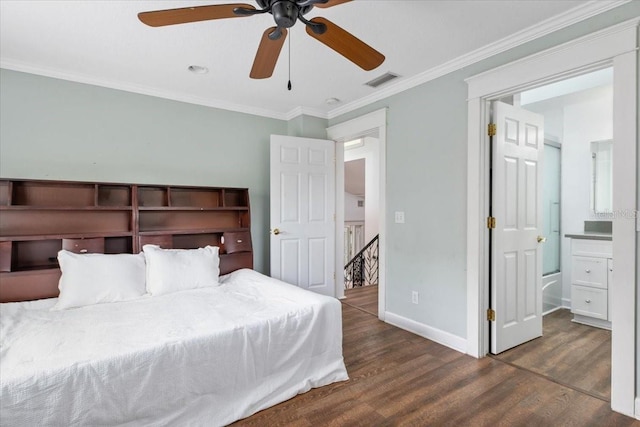 bedroom featuring visible vents, crown molding, ceiling fan, baseboards, and wood finished floors