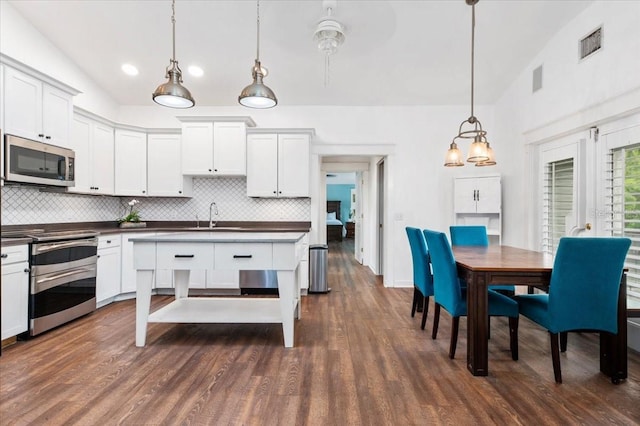 kitchen with dark countertops, dark wood-style floors, stainless steel appliances, and a sink