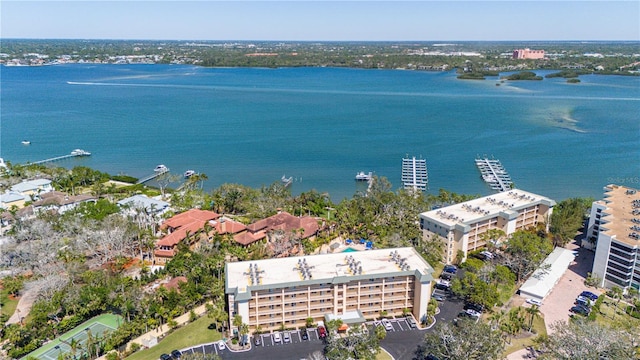 aerial view featuring a water view