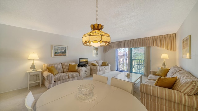 carpeted living area with a textured ceiling