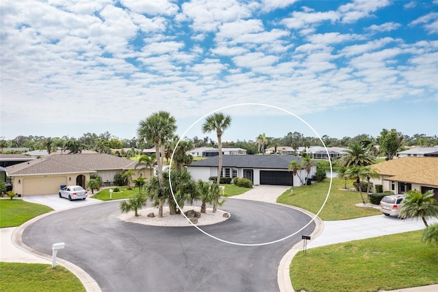 view of front of property with a front yard, a residential view, and curved driveway