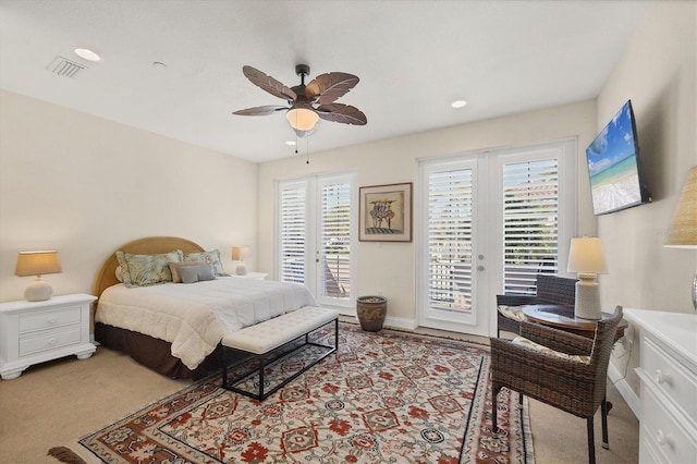 bedroom featuring visible vents, access to exterior, recessed lighting, carpet flooring, and ceiling fan