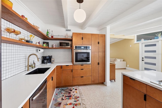 kitchen with open shelves, a sink, stainless steel appliances, light countertops, and beamed ceiling