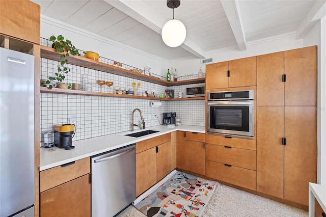 kitchen featuring open shelves, a sink, appliances with stainless steel finishes, beamed ceiling, and tasteful backsplash