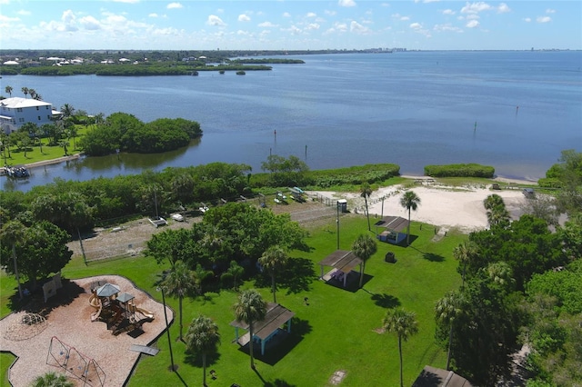 aerial view featuring a water view