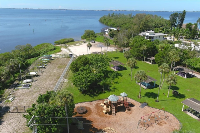 birds eye view of property featuring a water view