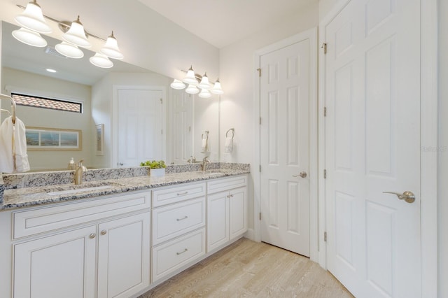 bathroom with a sink, wood finished floors, and double vanity