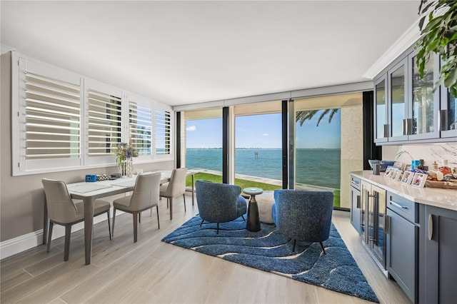 dining room featuring light wood-type flooring, baseboards, and a water view