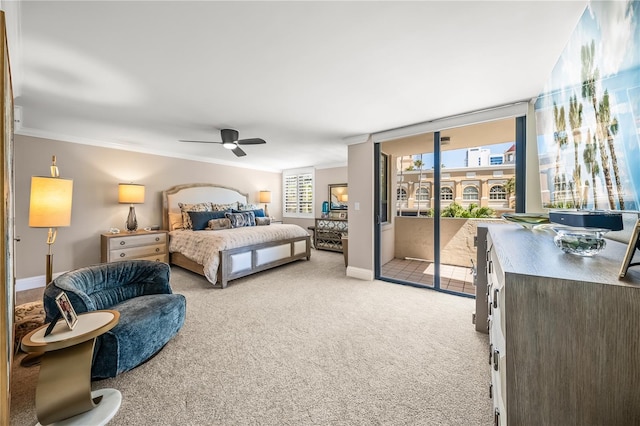 bedroom with light colored carpet, baseboards, ornamental molding, and access to outside