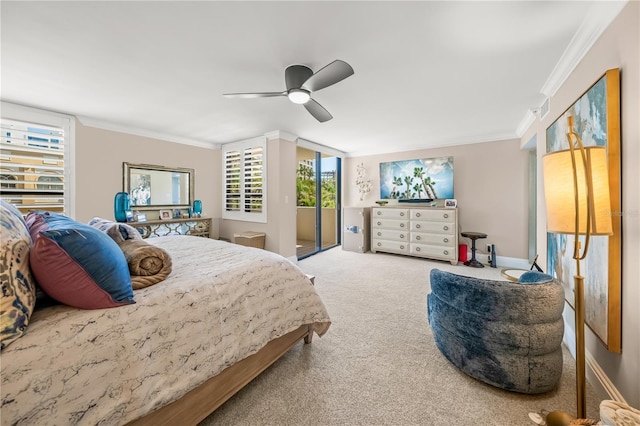 carpeted bedroom with visible vents, access to outside, crown molding, baseboards, and ceiling fan