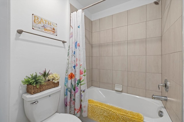 full bathroom with toilet and shower / bathtub combination with curtain