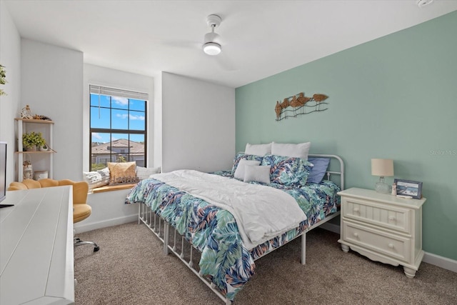 bedroom featuring carpet flooring, baseboards, and ceiling fan