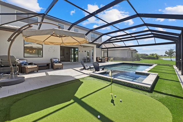 pool featuring a patio area, glass enclosure, and outdoor lounge area