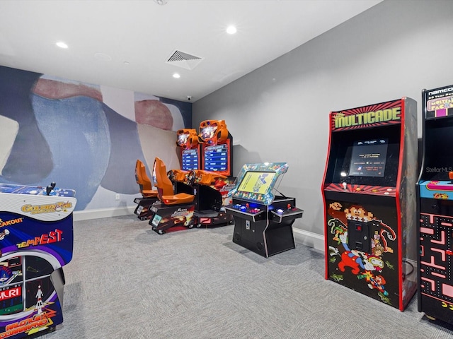 playroom featuring recessed lighting, visible vents, carpet flooring, and baseboards