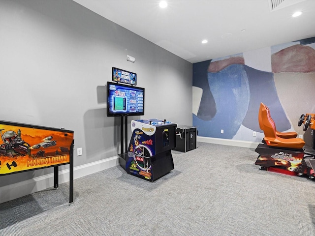 game room featuring recessed lighting, visible vents, baseboards, and carpet