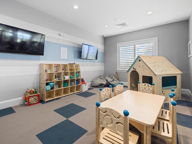 playroom featuring recessed lighting, visible vents, baseboards, and carpet flooring